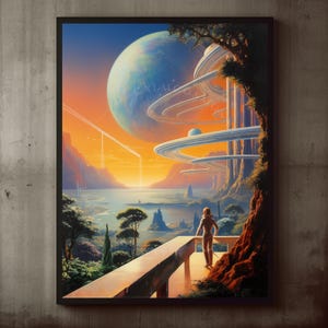 Może przedstawiać: Oprawiony wydruk ścienny przedstawiający krajobraz science-fiction z dużą planetą z pierścieniami na tle pomarańczowo-niebieskiego nieba. Postać stoi na balkonie z widokiem na zbiornik wodny, odległe góry oraz wysokie, futurystyczne konstrukcje.
