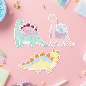 Pegatinas de postre de dinosaurios / Seguras para el coche / Pegatinas resistentes a los rayos UV y al agua / Calcomanías encantadoras / Arte animal adorable