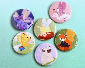 Magical Animal Pin Back Buttons or Magnets | Cute Buttons | Magnets | Fairy Button Pins | Fairy Magnets | Cute Badges