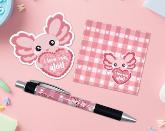 Axolotl Valentine's Day Stationery Set: Sticker, Sticky Note & Pen