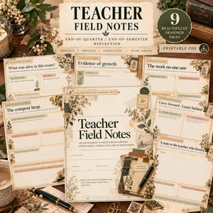 Pode incluir: Um conjunto de páginas imprimíveis Teacher Field Notes com ilustrações florais de estilo vintage, texturas de papel creme e seções estruturadas para reflexão. A coleção inclui nove páginas com títulos como Evidence of growth e The work no one saw.