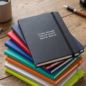 May include: A stack of seven rectangular journals with elastic closure bands. The top black journal features the white text STUPID JOURNAL FOR MY STUPID MENTAL HEALTH. The other journals in the stack are blue, red, blue, teal, orange, silver, and lime green.