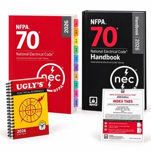 May include: A set of 2026 NFPA 70 National Electrical Code books including a red code book with colored index tabs, a black handbook, a yellow spiral-bound Ugly's Electrical References book, and a white instructional card for index tabs.