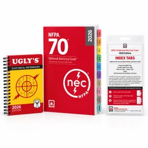 May include: A 2026 NFPA 70 National Electrical Code book with a red cover, a spiral-bound Ugly's Electrical References 2026 edition book with a yellow cover, and a package of preprinted index tabs for the 2026 National Electrical Code.