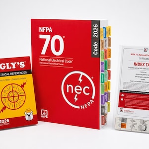 May include: A set of three electrical reference items including a yellow spiral-bound Ugly's Electrical References 2026 Edition book, a red NFPA 70 National Electrical Code 2026 book with colorful index tabs, and a clear plastic sheet of index tabs.