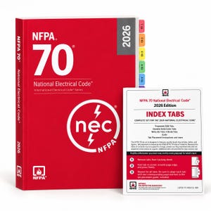 May include: The 2026 NFPA 70 National Electrical Code book with a red cover, white text, and a circular nec logo. It includes colorful index tabs along the side and a separate white instruction card titled Index Tabs for the 2026 National Electrical Code.