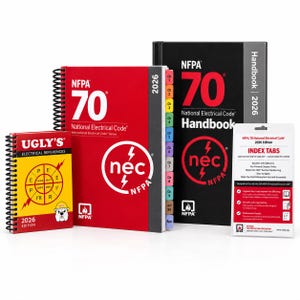 May include: A collection of 2026 edition electrical reference books including a yellow Ugly's Electrical References spiral-bound book, a red NFPA 70 National Electrical Code spiral-bound book with colored index tabs, a black NFPA 70 Handbook, and index tabs.