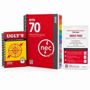 May include: A 2026 NFPA 70 National Electrical Code book with a red cover and spiral binding, a yellow Ugly's Electrical References 2026 edition book, and a white package of color-coded index tabs for the NEC, all featuring technical text.