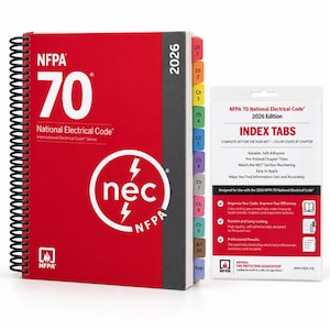 May include: A red 2026 NFPA 70 National Electrical Code spiral-bound book with a white circular nec logo and a set of color-coded index tabs in a white plastic package labeled NFPA 70 National Electrical Code 2026 Edition Index Tabs.