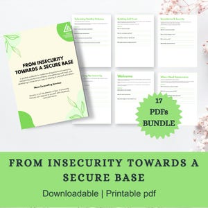 Peut inclure: Un ensemble de 17 fichiers PDF intitulé From Insecurity Towards a Secure Base par Maze Counselling Services. Le cahier d'exercices présente des pages blanches avec des accents verts, des illustrations de feuilles et des questions de réflexion.