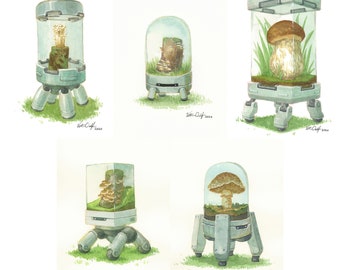 Watercolor Mushroom Bots - 5x7" originals and art prints