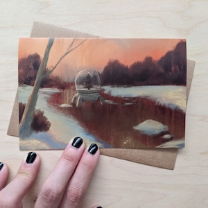 Carte de sapin de Noël boule à neige robot, punk solaire botanique, carte de voeux vacances-neutre, 4x6" avec enveloppe kraft, message personnalisable