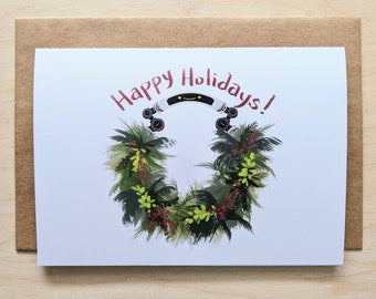 Wreath Robot Christmas card, botanical solar punk holiday-neutral greeting card, 5x7" with kraft envelope, customizable message