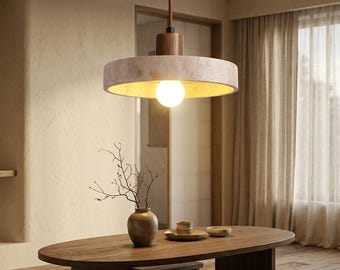 Japanese Travertine Pendant Light, Wabi Sabi Ceiling Lamp, Japandi Stone Hanging Light, Wood Pendant Lighting