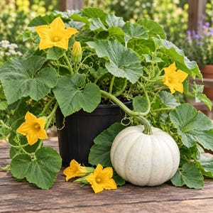 May include: A white pumpkin sits beside a black plastic pot containing a green pumpkin plant with large, lobed leaves, curly tendrils, and several bright yellow, trumpet-shaped blossoms, including one unopened bud, all on a wooden surface.
