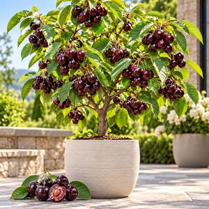 May include: A small cherry tree in a light beige, horizontally ribbed round planter. The tree is laden with clusters of dark red, ripe cherries and green leaves. A small pile of loose cherries sits on the ground in front of the planter.