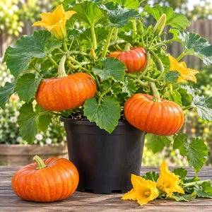 May include: A potted pumpkin plant with large green leaves and bright yellow flowers. Three orange pumpkins are visible, two growing from the black plastic pot and one resting on the wooden surface next to the pot, alongside two detached yellow flowers.