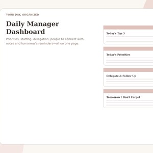 Pode incluir: Uma página de planejador Daily Manager Dashboard branca com o texto Your Day, Organized e Daily Manager Dashboard. Inclui quatro seções com cabeçalhos rosa rotulados como Today's Top 3, Today's Priorities, Delegate & Follow Up e Tomorrow / Don't Forget.