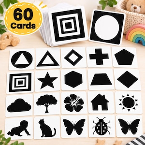 May include: A set of 60 square cards featuring high-contrast black and white illustrations. The cards display various shapes, including triangles, squares, stars, and hexagons, alongside silhouettes of a cloud, tree, flower, house, sun, baby, cat, butterfly, and ladybug.