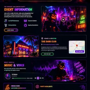 May include: A dark-themed Halloween party event website landing page featuring neon purple and orange text, a countdown timer, RSVP form, event details, venue location, DJ music section, dress code, party highlights, and a photo gallery.
