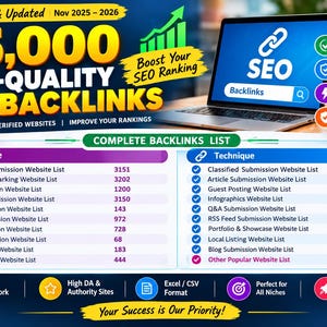 以下が含まれることがあります： SEOアイコンを表示するノートパソコンを特徴とする、25,000件の高品質SEOバックリンクのデジタルグラフィック広告。画像には、提出技術と数量の詳細なリストが含まれており、Premium & Updated Nov 2025-2026というテキストが表示されています。