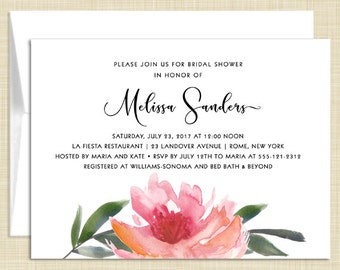May include: Bridal shower invitation with a watercolor floral design in shades of pink, orange, and green. The invitation text reads "Please join us for bridal shower in honor of Melissa Sanders. Saturday, July 23, 2017 at 12:00 noon. La Fiesta Restaurant | 23 Landover Avenue | Rome, New York. Hosted by Maria and Kate. RSVP by July 12th to Maria at 555-121-2312. Registered at Williams-Sonoma and Bed Bath & Beyond."