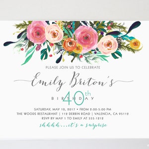 10 Adult Birthday Invitation - Surprise Birthday Invitation -  Watercolor Roses Flower Birthday Invitation - any age - PRINTED