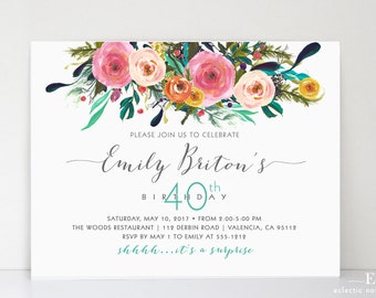 10 Adult Birthday Invitation - Surprise Birthday Invitation -  Watercolor Roses Flower Birthday Invitation - any age - PRINTED