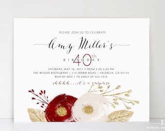 10 Adult Birthday Invitation - Christmas Birthday Invitation -  Holiday Flower Birthday Invitation - any age - PRINTED