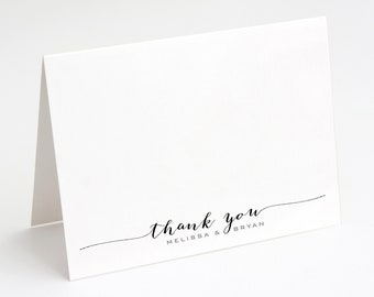 May include: White thank you card with black calligraphy that reads "thank you" followed by "Melissa & Bryan" in a smaller font.
