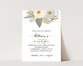 May include: A white invitation with gold and blue floral accents. The text reads "Please join us to celebrate Allison's 70th Birthday. Saturday, May 10, 2017 from 2:00-5:00 PM. The Woods Restaurant, 118 Derbin Road, Valencia, CA 95118. RSVP by May 1 to Emily at 555-1818. Shhhh...it's a surprise."