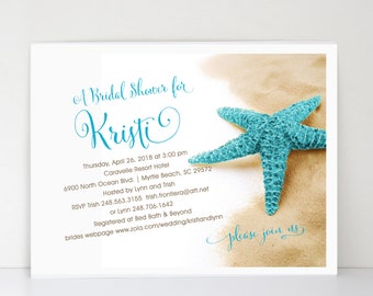 May include: A bridal shower invitation with a blue starfish on a sandy beach background. The invitation is for Kristi and includes the date, time, location, and RSVP information.