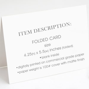 May include: A white folded card with the text "ITEM DESCRIPTION: FOLDED CARD" and details about the card's size, paper type, and finish. The card measures 4.25 inches by 5.5 inches when folded.
