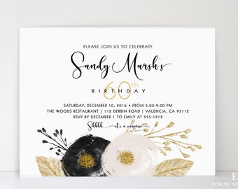 10 Adult Birthday Invitation - Surprise Birthday Invitation - Elegant Flower Birthday Invitation - any age - PRINTED