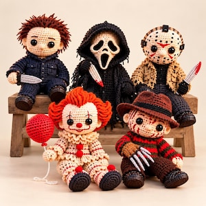 May include: Five handmade crochet dolls representing horror movie characters. The set includes figures with dark hair, a black hooded robe with a mask, a hockey mask, a clown with a red balloon, and a character with a brown hat and clawed hand.