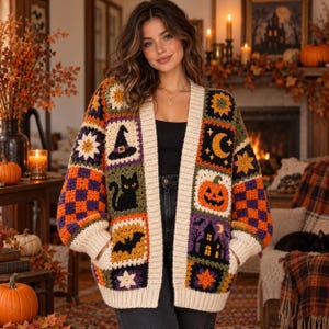 Patrón de cárdigan de ganchillo de Halloween en PDF, cárdigan de patchwork espeluznante, suéter de ganchillo de bruja, descarga digital de ganchillo de tapiz