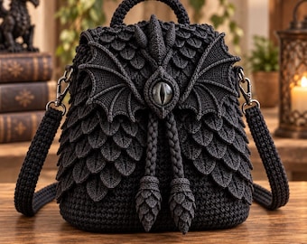 May include: A black crochet backpack featuring a textured dragon scale pattern, a central eye-shaped embellishment, and two braided drawstrings with cone-shaped tassels. The bag includes a top handle and two adjustable shoulder straps.