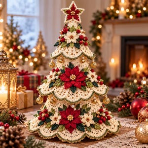 Könnte beinhalten: Ein cremefarbener, gehäkelter Weihnachtsbaumschmuck mit gestuften, bogenförmigen Rändern, verziert mit roten und weißen Weihnachtssternen, grünen Blättern, kleinen goldenen Kugeln und einem sternförmigen Aufsatz mit einem roten Weihnachtsstern.
