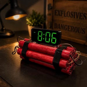 May include: A digital alarm clock with a bright green LED display showing 8:06 AM, mounted on a bundle of six cylindrical red tubes held together by two black straps, with exposed electrical wires extending from the ends of the red tubes.