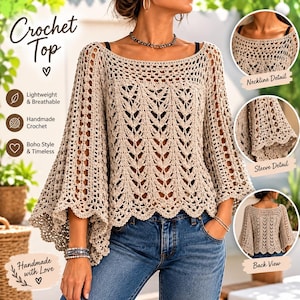 May include: A beige crochet top featuring a wide boat neckline, loose bell sleeves, and an intricate openwork leaf pattern. The garment is worn over a black base layer and paired with blue denim jeans, showcasing detailed sleeve and neckline textures.