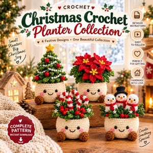 Peut inclure: Une collection de quatre cache-pots au crochet avec des motifs festifs incluant un sapin de Noël, un poinsettia, des sucres d'orge et des bonhommes de neige. Chaque pot a une base crème avec un visage souriant, des joues roses et des pieds marron.