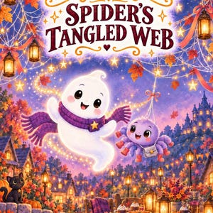 May include: A book cover titled Mallow and the Spider's Tangled Web, A Moonbeam Hill Story. It features a white ghost wearing a purple scarf and a purple spider with a small bag, set against a background of autumn leaves, glowing lanterns, and a village.
