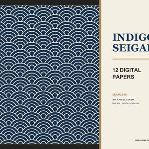 Indigo Seigaiha digitalpapper, 12 japanska vågmönster, 12x12 JPG, 300 DPI
