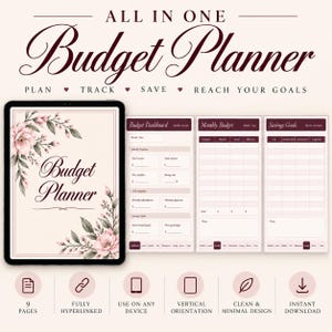 Könnte beinhalten: Ein digitaler All-in-One-Budgetplaner mit floralem Einband und internen Seiten für Budget-Dashboard, Monatsbudget und Sparziele. Das Layout enthält Textüberschriften, Tabellen und Navigationssymbole zur Verfolgung der Finanzen.