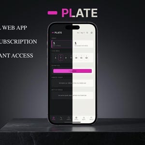 May include: A smartphone displaying the PLATE web app interface with a split black and white screen design. The app features text including REAL WEB APP, NO SUBSCRIPTION, and INSTANT ACCESS. The screen shows daily habit tracking, goal logs, and navigation icons.
