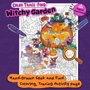 Könnte beinhalten: Eine digitale Aktivitätsseite mit dem Titel Color-Trace-Find Witchy Garden, die ein großes orangefarbenes Kürbishaus, Geister, Katzen und Frösche mit Hexenhüten zeigt. Die Illustration enthält eine Lupe, violette Stifte und den Text Hand-Drawn Seek and Find Coloring, Tracing Activity page.