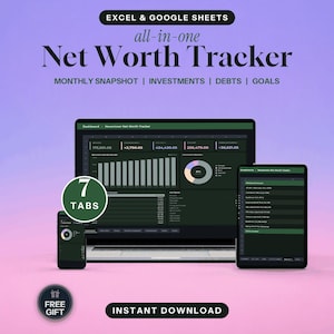 May include: A digital net worth tracker for Excel and Google Sheets displayed on a laptop, tablet, and smartphone. The interface features dark green themes with financial data, charts, and seven tabs. Text includes "Net Worth Tracker" and "Instant Download."