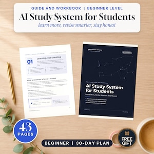 Könnte beinhalten: Ein Leitfaden und Arbeitsbuch mit dem Titel AI Study System for Students, Anfängerniveau, mit einem 30-Tage-Plan. Das Dokument umfasst 43 Seiten, ein Kapitel über das Lernen ohne Schummeln und ein dunkelblaues Cover mit Sternbildgrafiken.