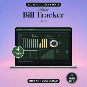 Op de afbeelding: Een digitale factuurtracker-sjabloon voor Excel en Google Sheets weergegeven op een laptopscherm. Het dashboard heeft donkergroene en zwarte thema's met staafdiagrammen, een ringdiagram en financiële tabellen. Inclusief een 4 tabs badge.