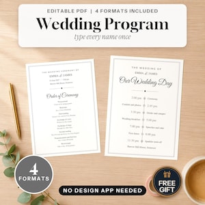 Peut inclure: Deux cartes de programme de mariage blanches avec du texte noir, présentant le déroulement de la cérémonie et un calendrier des événements pour Emma et James. Les cartes ont des bordures décoratives et sont accompagnées d'un stylo doré.